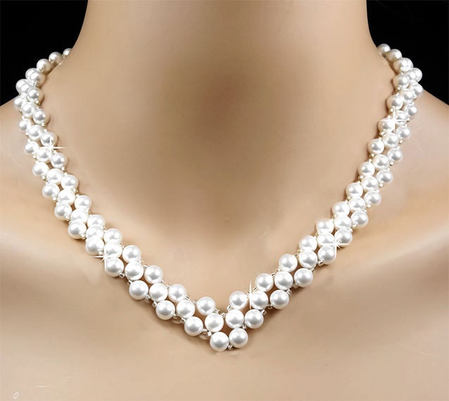 Pearl Bridal Necklace, White Swarovski Pearl Bridal Necklace, Vintage Inspired Wedding Statement Necklace - Natalia (WN0114)