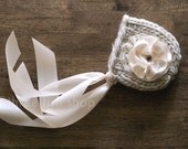 Ella Chunky Knit Bonnet with Satin Flower Clip and Ribbons - Size 00 - Newborn Photo Prop - Photography Prop - Vintage Inspired - Rustic