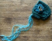 Avie Knit Bonnet with Velvet Flower Clip - Size 00 - Newborn Photo Prop - Baby Girl Hat - Photography Prop - Vintage Inspired - Rustic