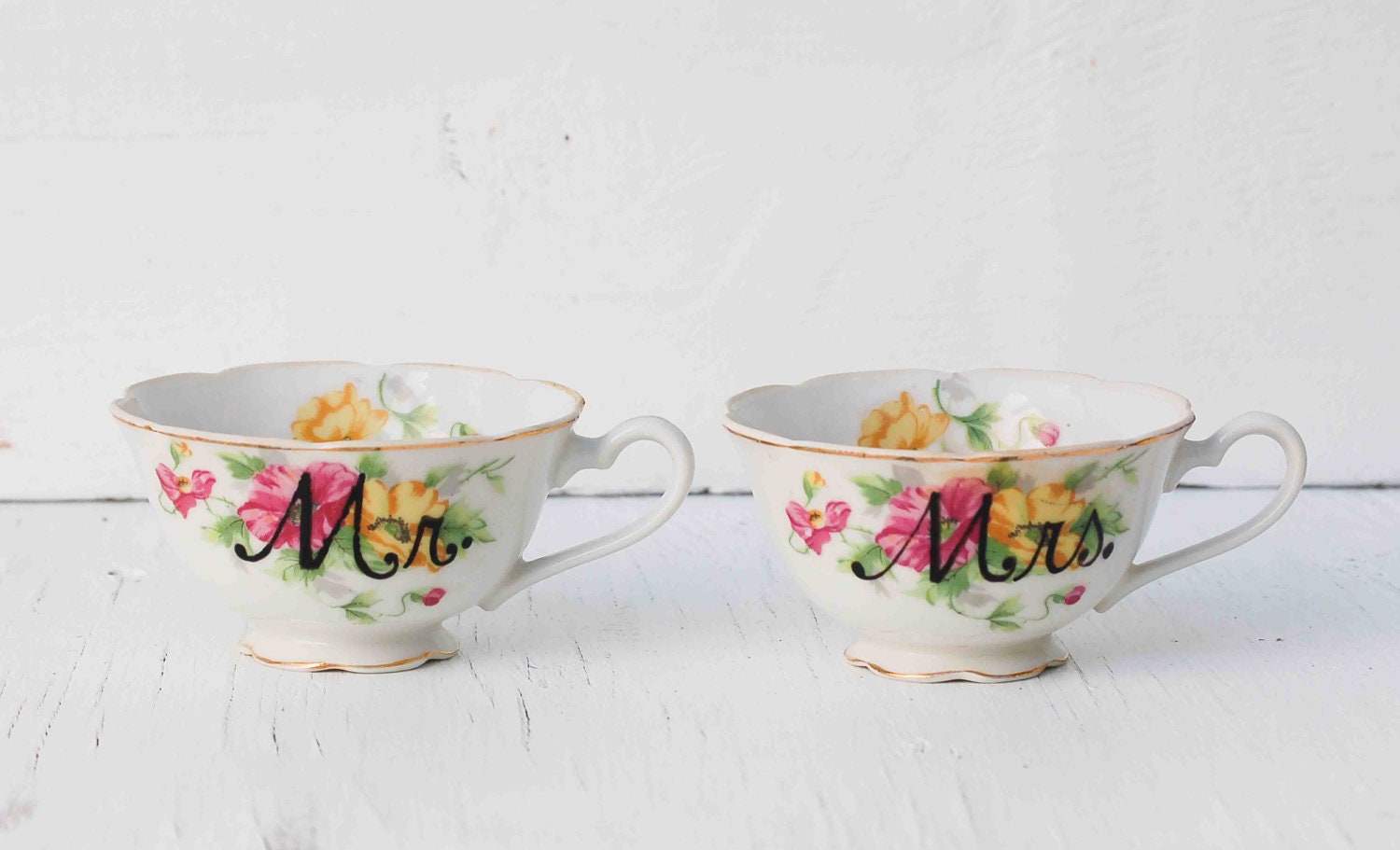 Mr. and Mrs. Hand Painted Vintage Floral TEA CUPS Wedding Bride Groom  Tea