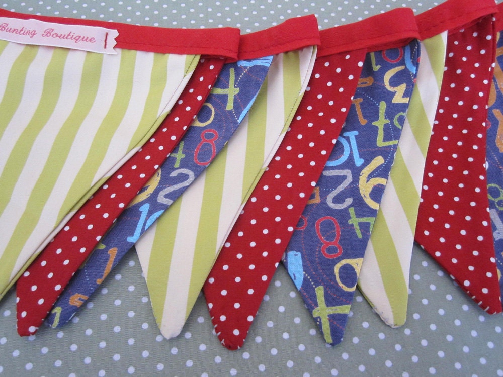 Small Classic Children's Bunting. Fabric Patterns - Stripes, Numbers, Spots. Colours -  Red, Navy Blue, Lime Green..