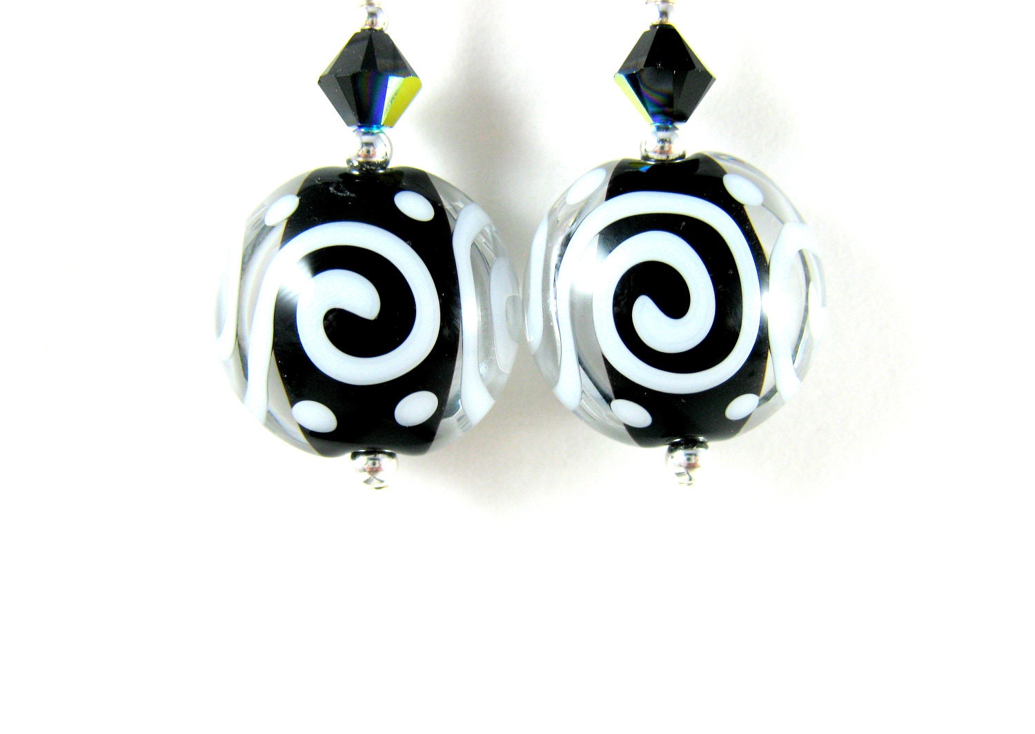 Black White Beadwork Earrings, Dangle Earrings, Geometric Earrings, Lampwork Earrings, Modern Earrings, Beaded Earrings - Hypnosis