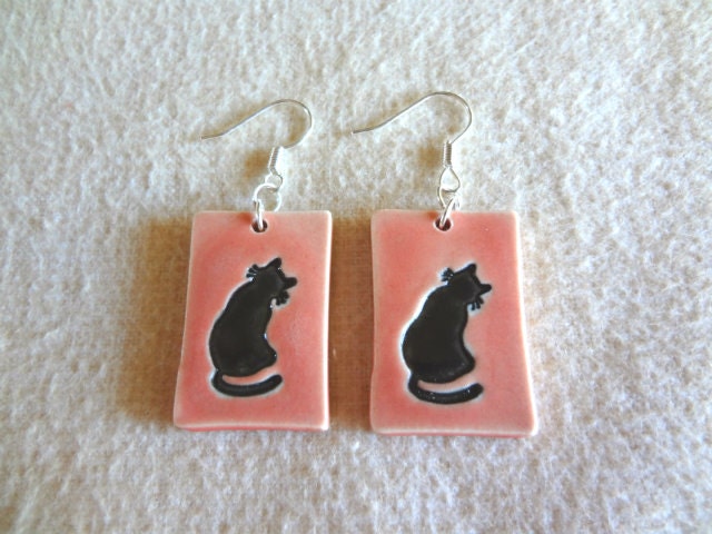 Adorable Handmade Pink Porcelain Posed BLACK CAT Earrings