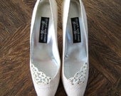 Stuart Weitzman for Neiman Marcus cream patterned high heels with gems