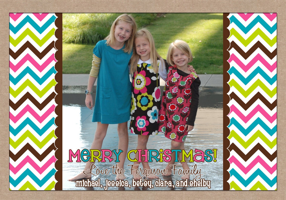 12 Personalized Printed Christmas Holiday Photo Cards with envelopes - multi bright chevron print one photo horizontal layout