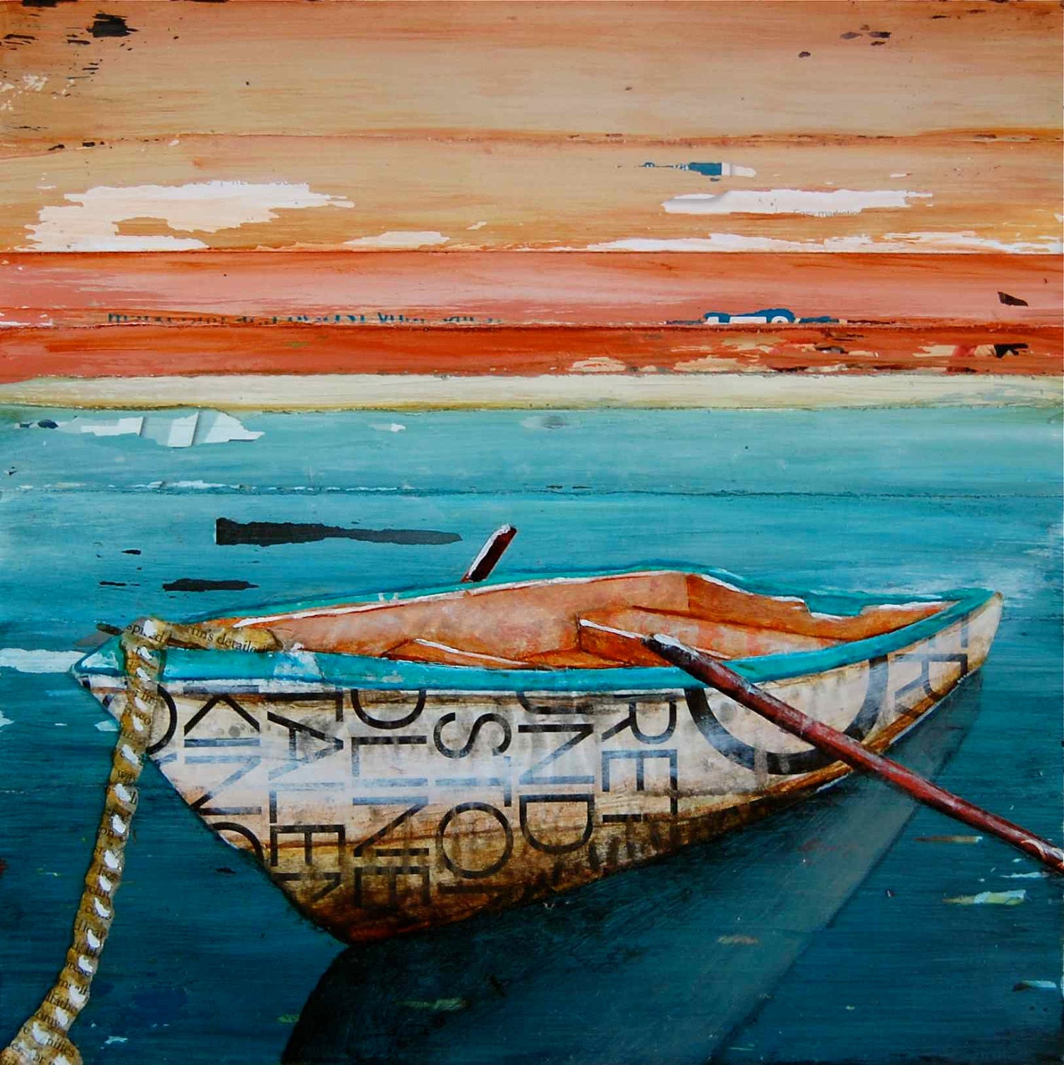 Rowboat with Oars- "Tranquility"- Fine Art Mixed Media Collage Print -5x7