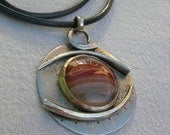 Mixed metals Pendant - German silver & Fork teeth with big Agate cabochon.