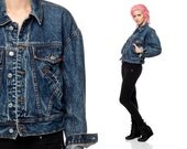 DARK DENIM Jacket 80s Jean CROPPED Boxy Jordache Blue Coat 1980s Vintage Hipster Crop Classic 90s Button Up Extra Small Medium xs