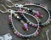 Watermelon - Big Tourmaline Wire Wrapped Hoop Earrings with Silver