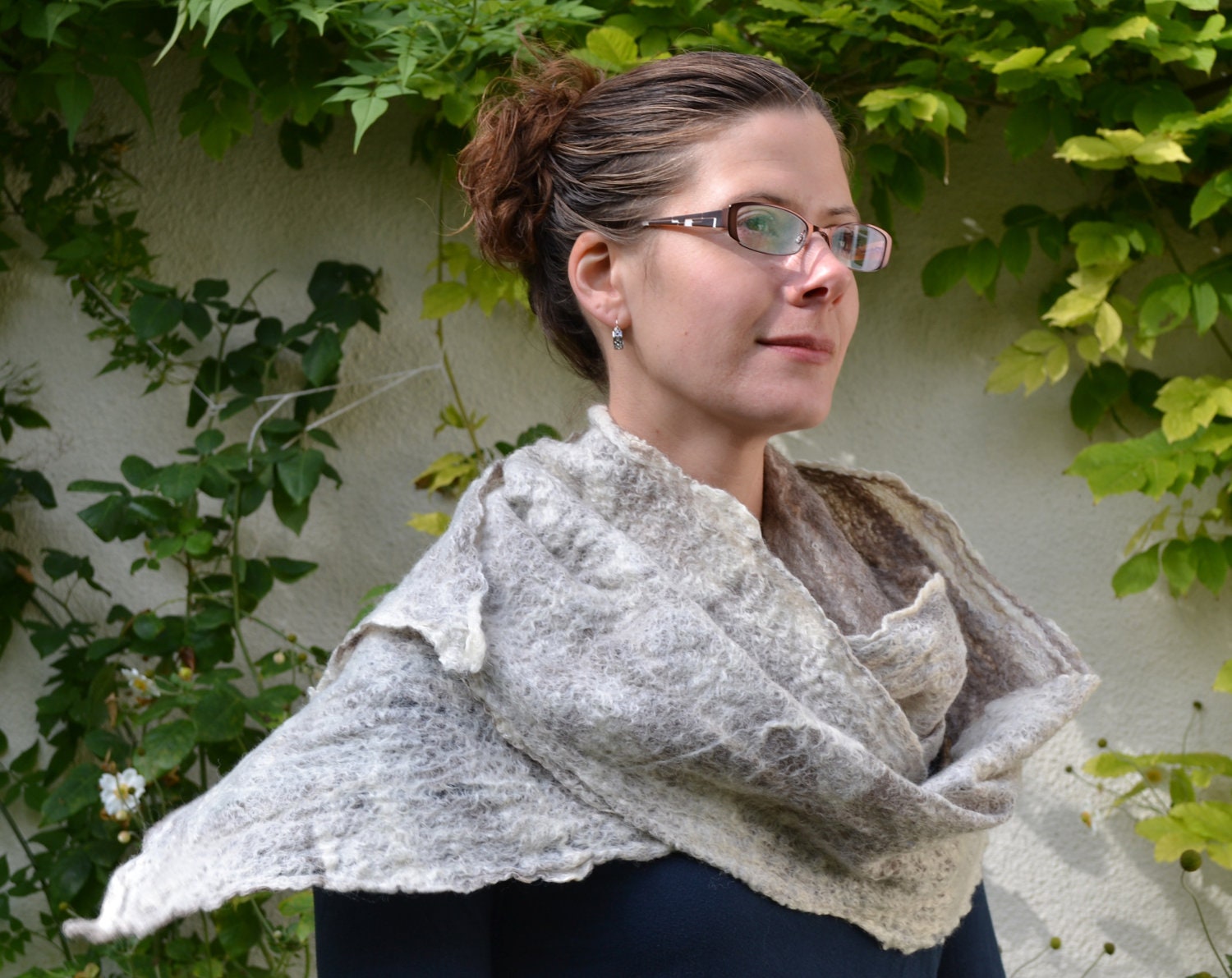 Natural Cream and Taupe Cobweb Blue Faced Leicester Wool Felted Scarf