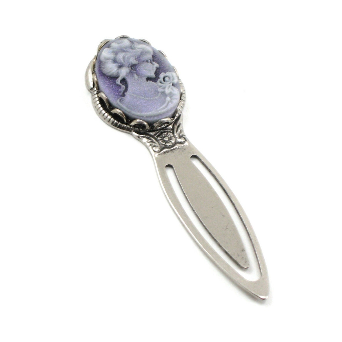 Neo Victorian Cameo Bookmark - with Antiqued Silver Clip and Purple Shimmer Cameo - GREAT OFFICE GIFT - By Ghostlove