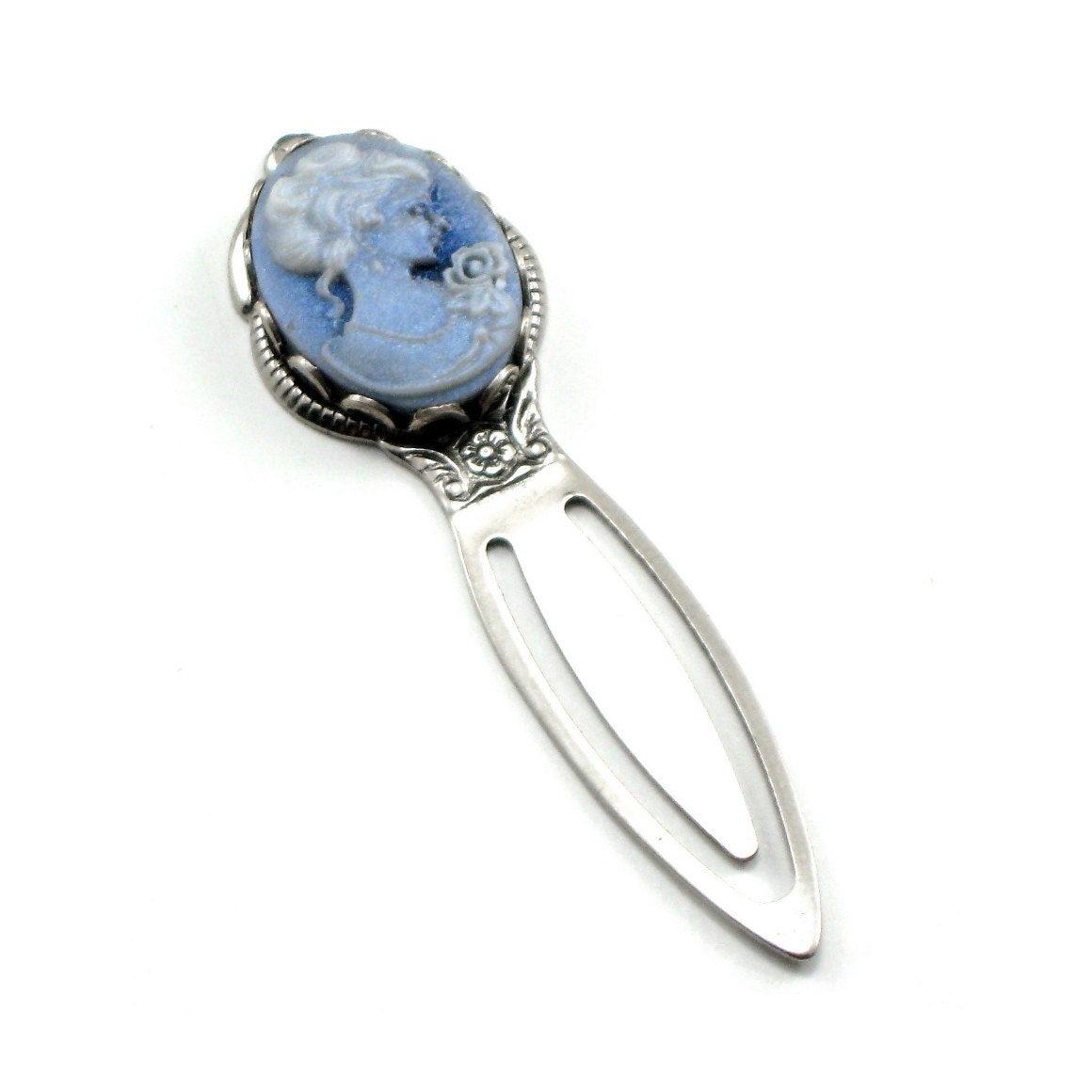 Neo Victorian Cameo Bookmark - with Antiqued Silver Clip and Blue Shimmer Cameo - GREAT OFFICE GIFT - By Ghostlove