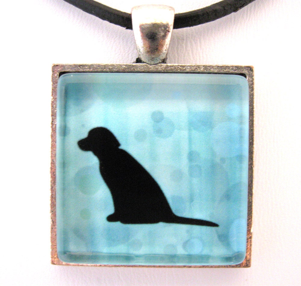 Labrador Retriever Silhouette on Blue Handmade Glass Tile Pendant