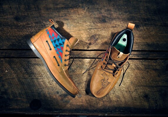 Handcrafted HIGHTOP Leather Boat Shoes - Waxed Tan w/ Teal Southwest Inspired Patterned Wool detail & etched pistols - MADE to ORDER