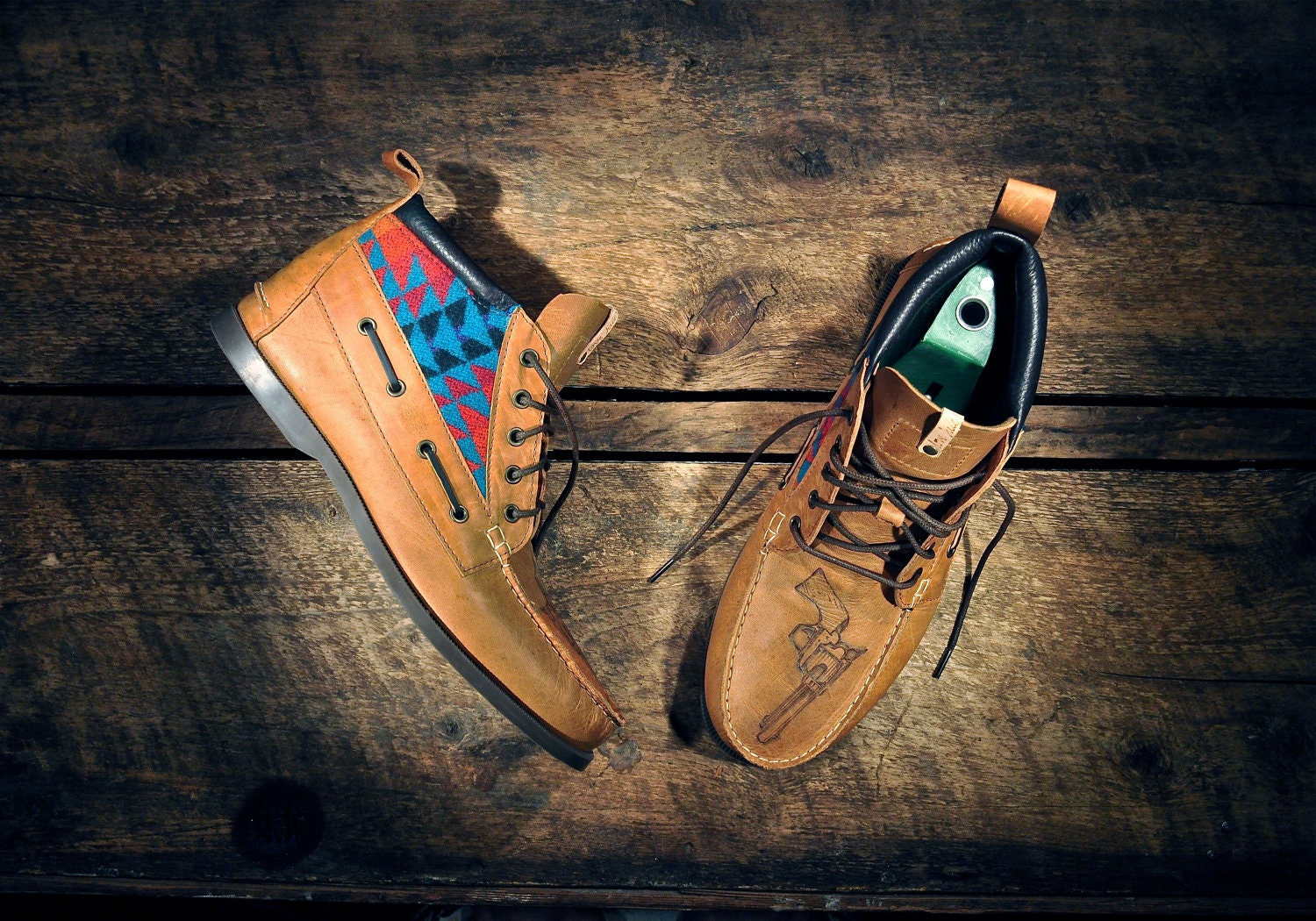 Handcrafted HIGHTOP Leather Boat Shoes - Waxed Tan w/ Teal Southwest Inspired Patterned Wool detail & etched pistols - MADE to ORDER