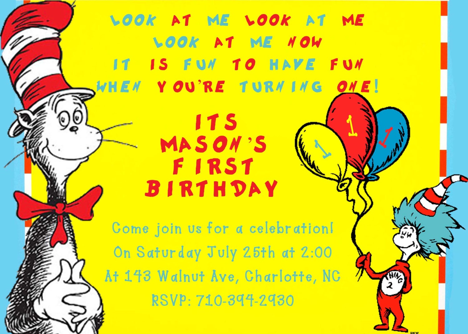 Cat in the Hat - Dr. Seuss - Birthday Invite Card - Can be Personalized or Customized Invitation JPEG Printable Children Holiday
