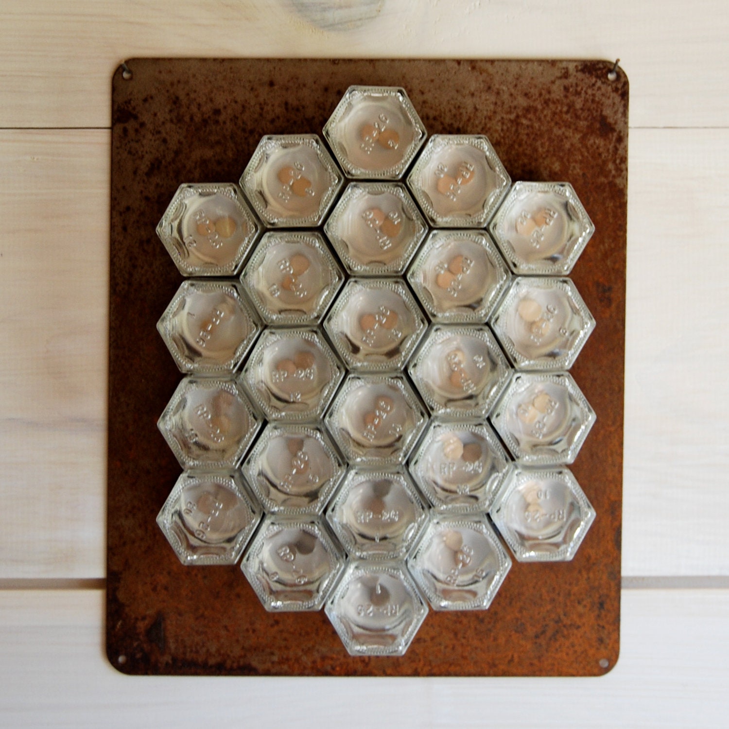 RUSTIC Custom Magnetic Spice Rack. Set of 24 EMPTY hand-stamped jars with rusted metal wall plate. Complete Your Rustic Kitchen Decor.