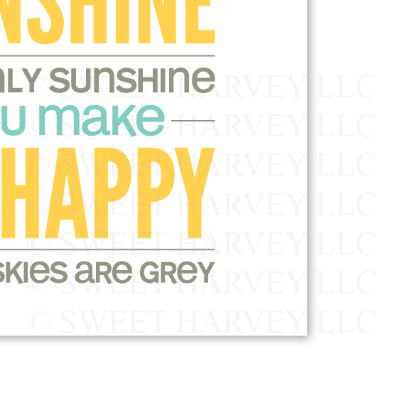 You Are My Sunshine Print: Nursery Art - Children's Art, Girls Room, Home Decor - Sunshine Yellow, Aqua Blue, Grey, Under 20 - 8 x 10