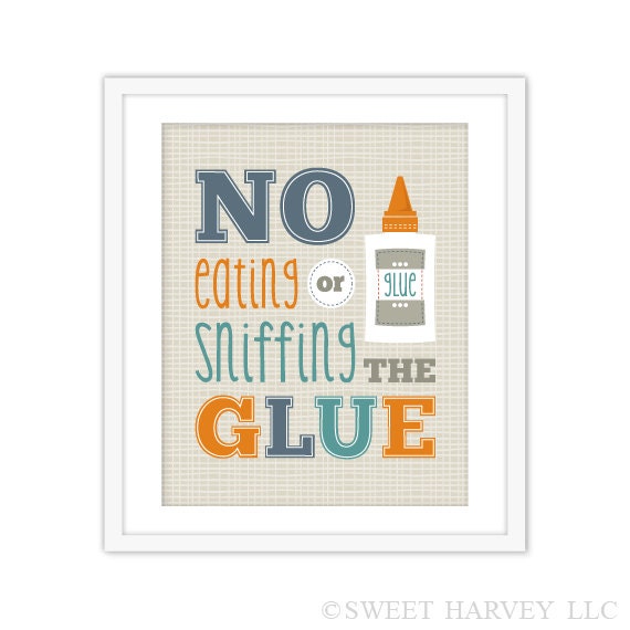 Back to School Poster: No Glue Sniffing - Teacher Appreciation, School, Plaid, Humorous, Funny Quote - Navy Blue, Orange, Turquoise 11 x 14