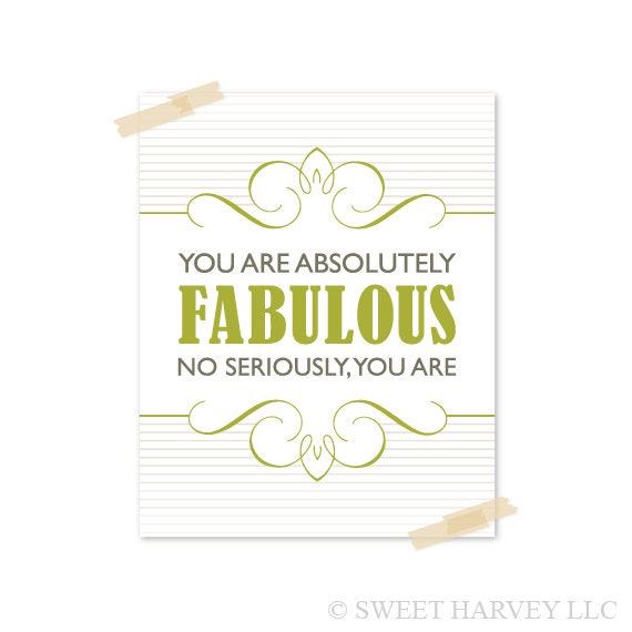 Fabulous Typography Art Print: You Are Absolutely Fabulous - Inspirational Quote, Typography Poster, Chartreuse Green, Stripes, Grey 8 x 10