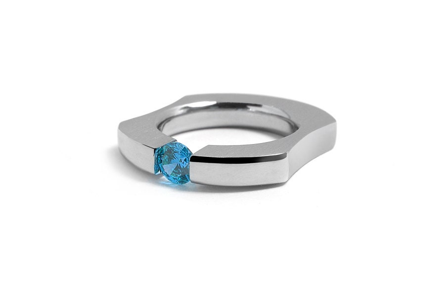 Blue Topaz Comfort Fit Tension Set  Mens Ring Stainless Steel