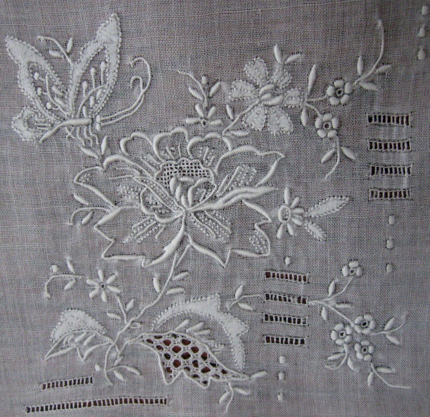 Vintage Wedding Handkerchief Embroidered Open White Work Floral Embroidery 1920s - CinfulOldies