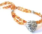 Red Agate Stone Chip Heart Pendant Necklace, Sterling Silver Pendant, Semi Precious Stone Jewelry