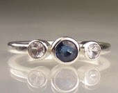 Three Stone Blue Sapphire and  White Sapphire Gemstone Ring in Sterling Silver