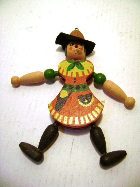 Vintage Jumping Jack Austrian Puppet Pull Toy, Classic Bavarian Costume Alpine Hat Leaping Lederhosen, Wooden Folk Art, Dancing Man