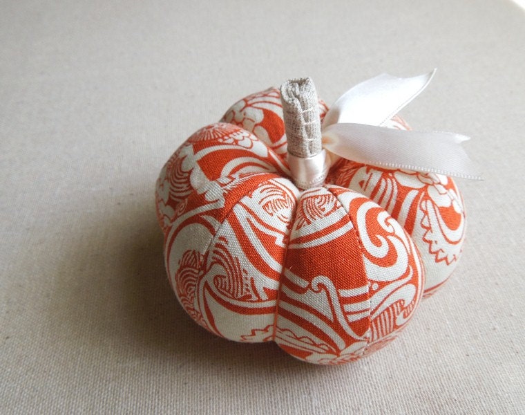 Orange and White Fabric Pumpkin Pincushion
