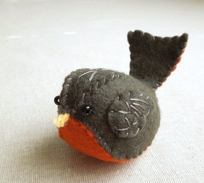 Wool Felt Bird Embroidered Decorative Felt Robin in Dark Gray