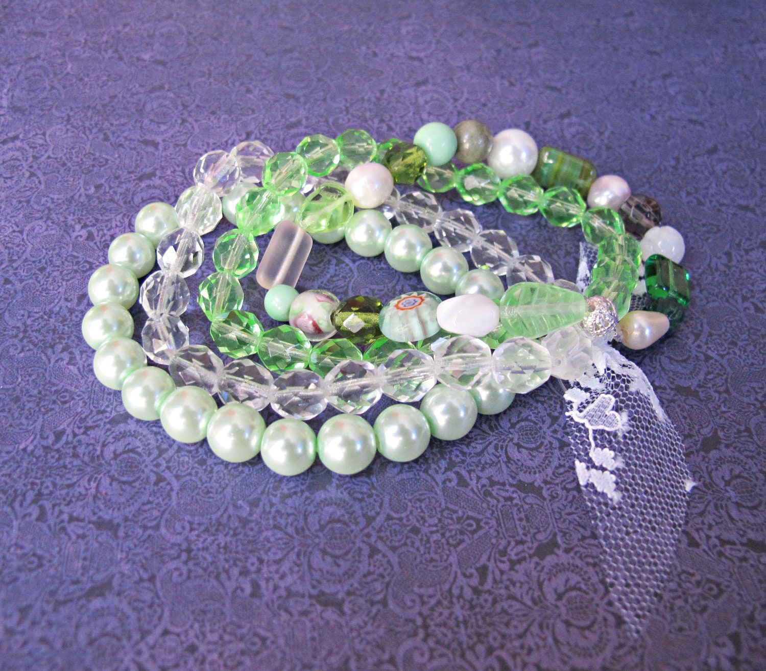 Creme de Menthe Bracelet, Green Mint Peridot, Multistrand Stretch Pearls Glass Beads Semiprecious Gemstone