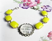 Bracelet. Mr Darcy Glam It Up. Opaque Neon Yellow Vintage Jewel. Jane Austen Upcycled Text