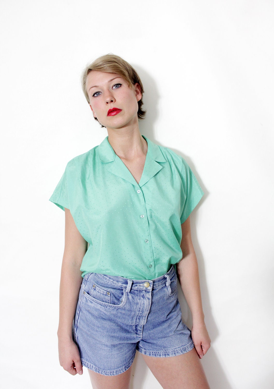Vintage shirt / mint cap sleeve button up / size L - nemres