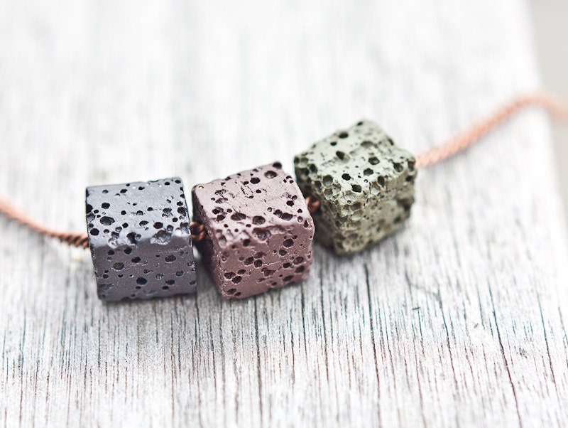 Necklace Lava Stone Cube Copper Dark Gray Brown Khaki Modern Geometric Jewelry boho urban minimalist free shipping tbteam rusteam
