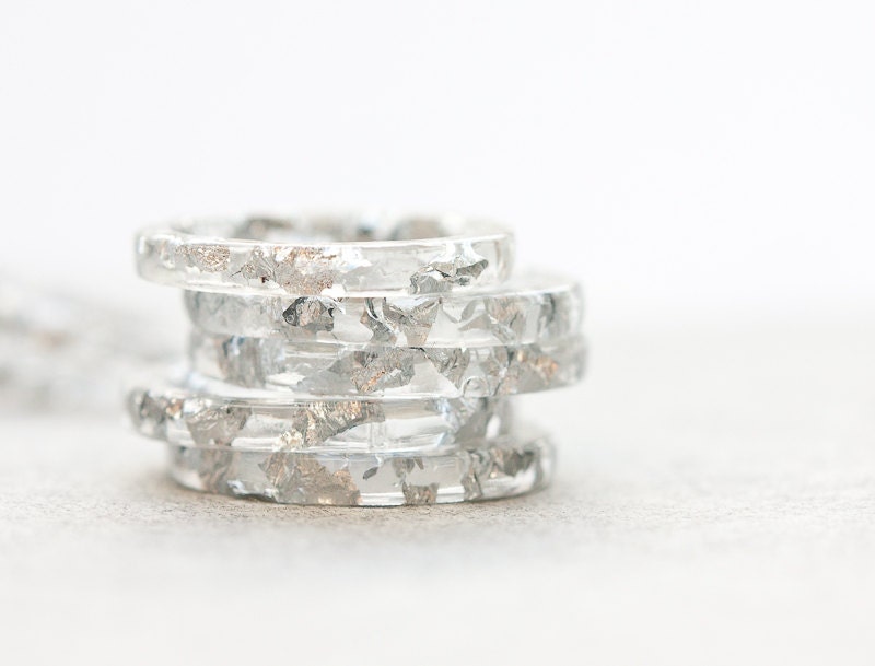 Resin Stacking Ring Silver Flakes Icicle Thin Small Ring OOAK white minimalist jewelry rusteam
