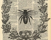 Vintage Book Print - Bumble Bee Wreath - Recycled Antique Dictionary Book Print - Insect Bug Honey Bee - Victorian Wreath Print