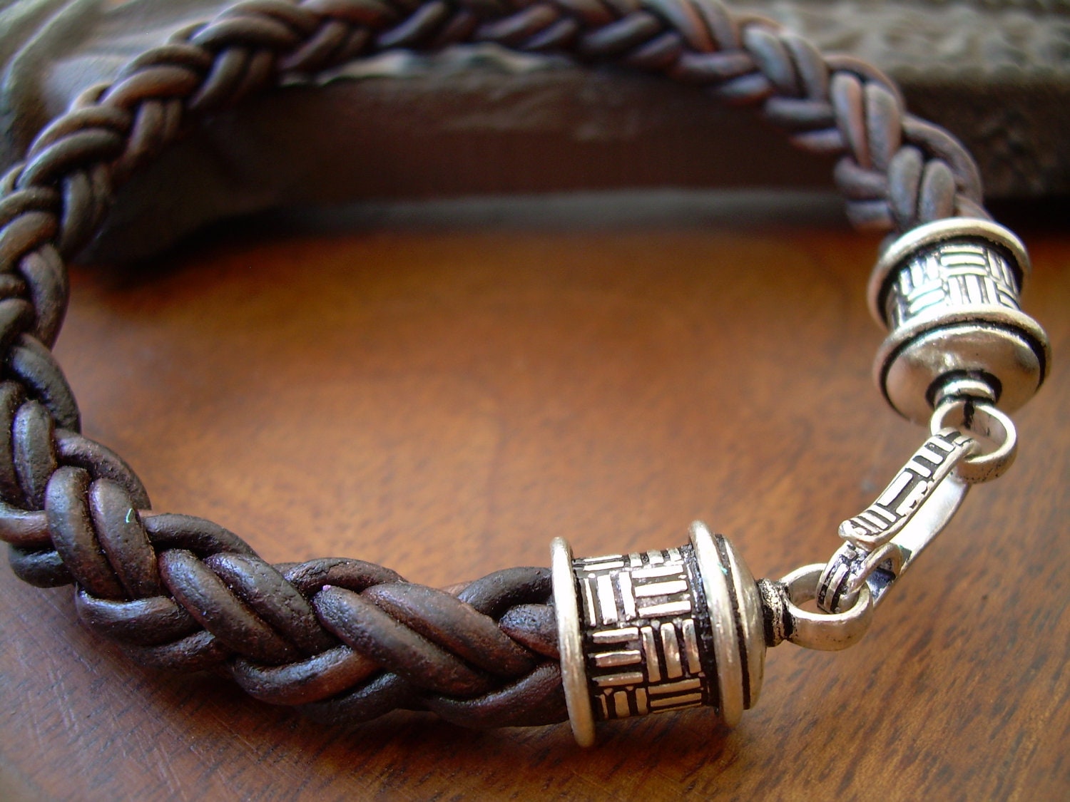 Mens Natural Antique Brown Braid Leather Bracelet with Sterling Silver Plate Clip Closure Clasp, Mens Jewelry, Mens Bracelet, Mens Gift