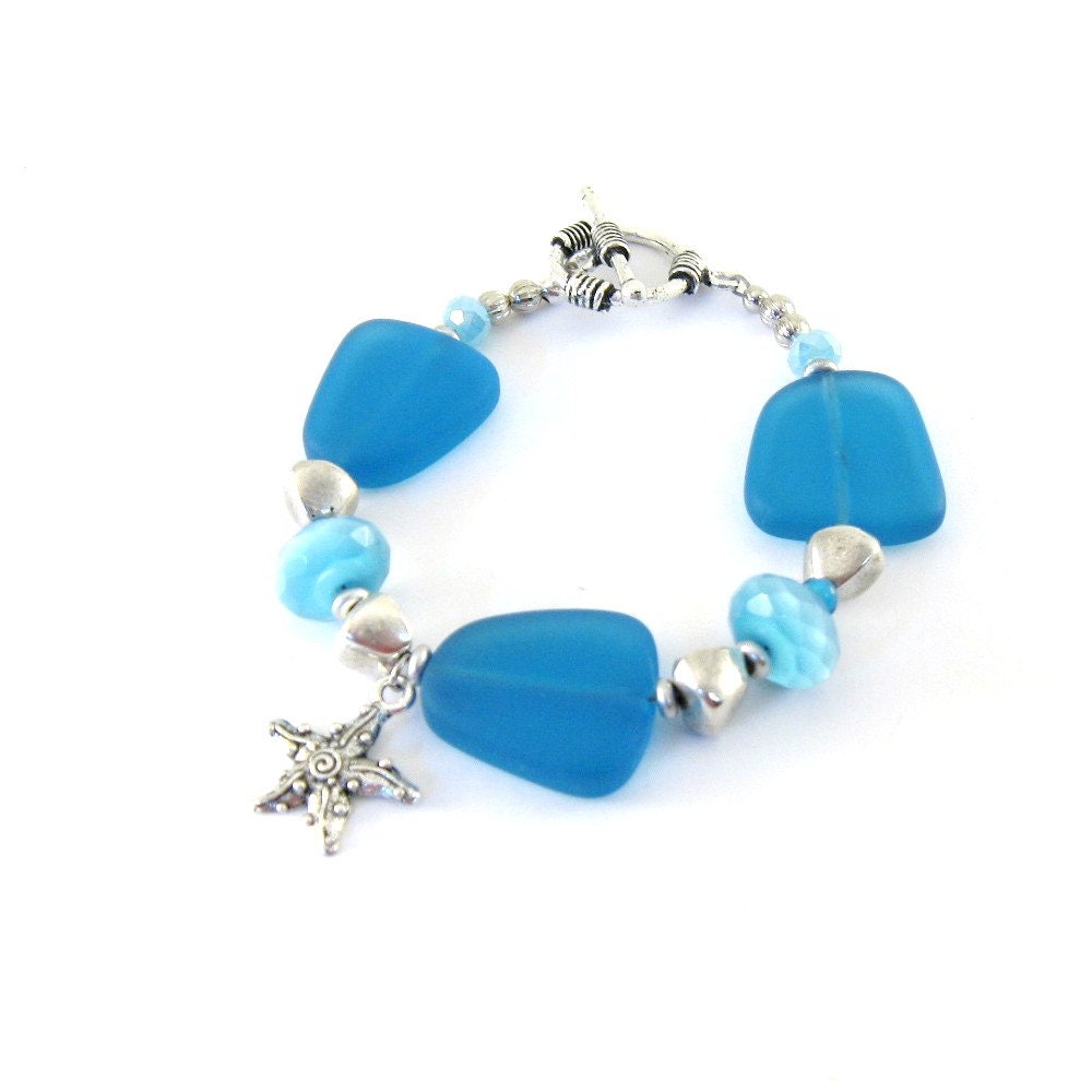 Blue Sea Glass Bracelet Royal Blue Cat Eye Silver Starfish Silver Beaded Bracelet