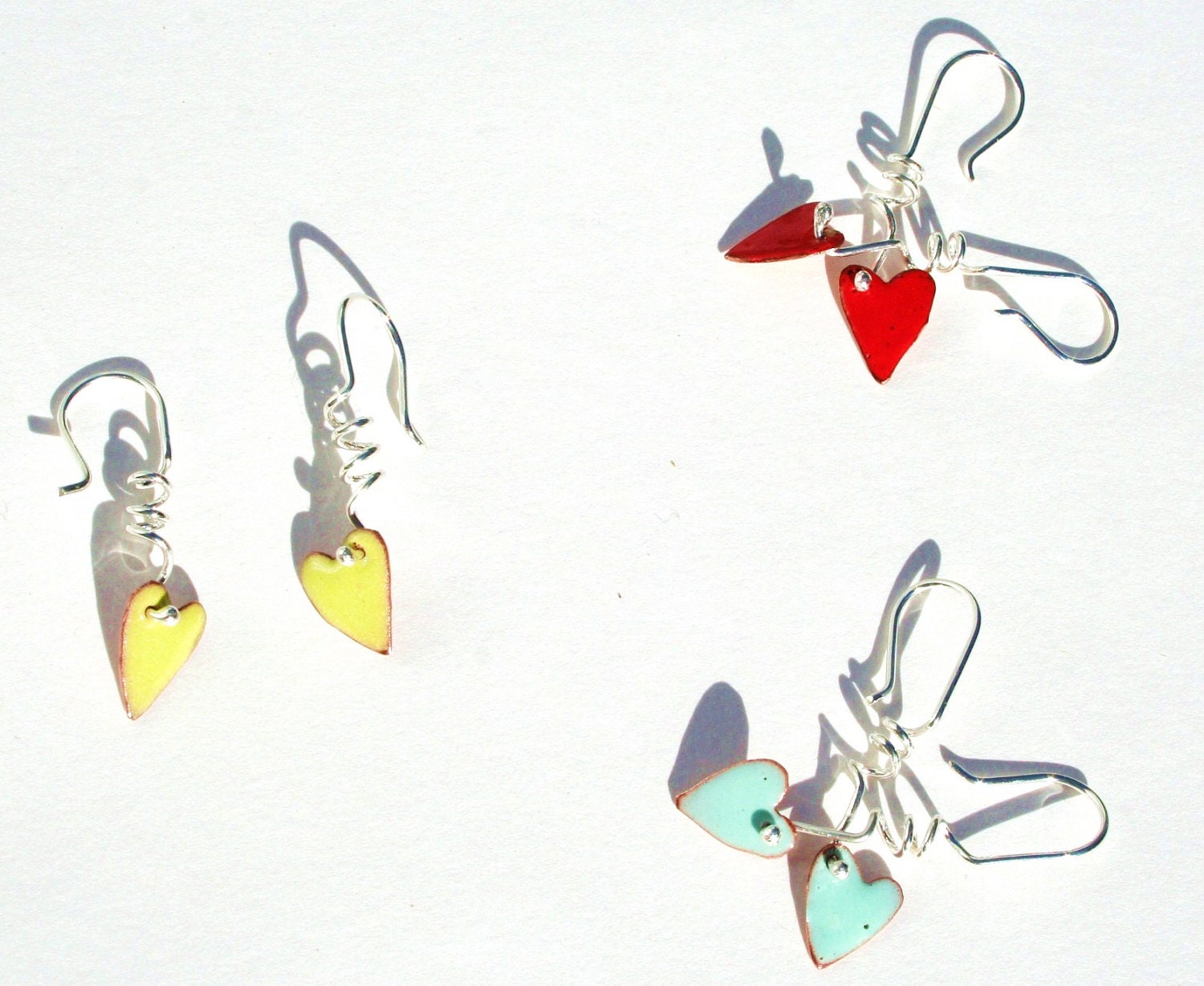 sugar heart red blue yellow enamel silver twisted ooak modern cute dangle earrings handmade