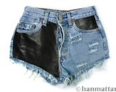 ALL SIZES "TEXAS" Vintage Levi high-waisted denim shorts blue distressed frayed leather patch