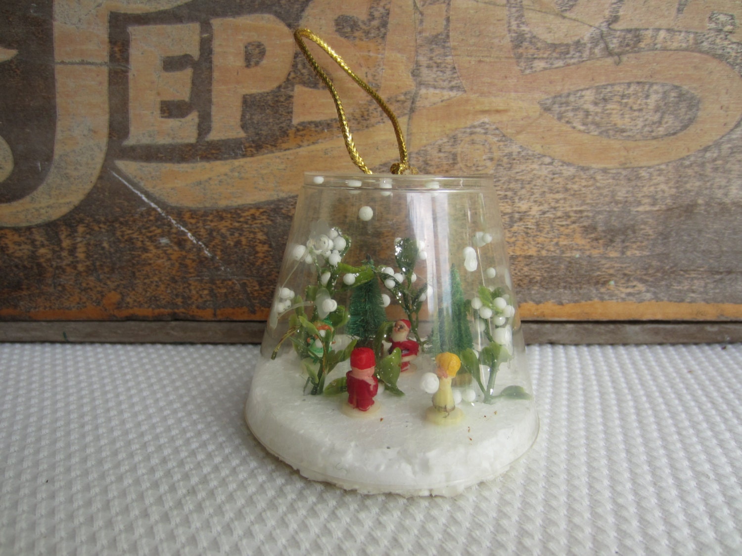 Vintage Kitschy Homemade Christmas Holiday Scene Bottle Brush Trees Santa