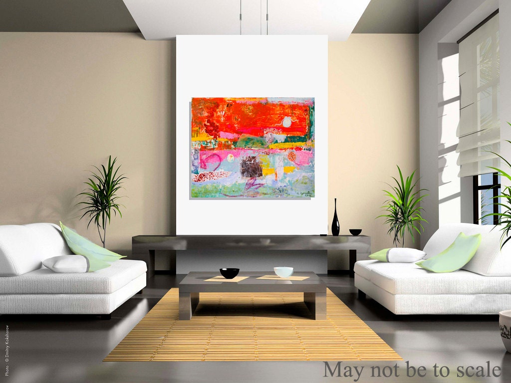 RESERVED For R. Original Abstract Painting canvas 29x24 red turquoise green pink modern wall art mixed media textured Ana Gonzalez