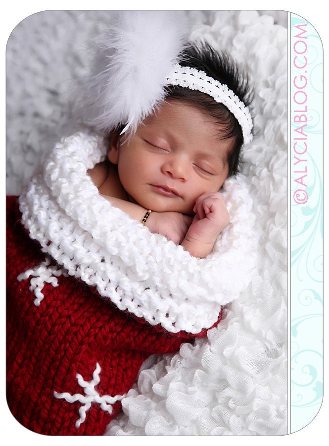 Knit Crochet Newborn Baby Mitten Cocoon or Christmas Stocking Red  Snowflakes Photo Prop