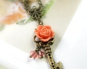Vintage Style Jewelry, Victorian Style, Peach, Flower Necklace, Key Pendant Necklace, Swarovski, Romantic Jewelry, Nectarine, Orange
