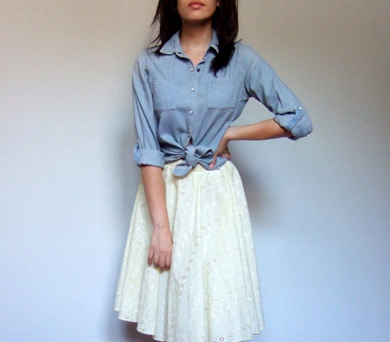 Pastel Eyelet Skirt Pale Yellow Cotton Casual Vintage Full Circle Summer Skirt - Medium. Large. M/ L