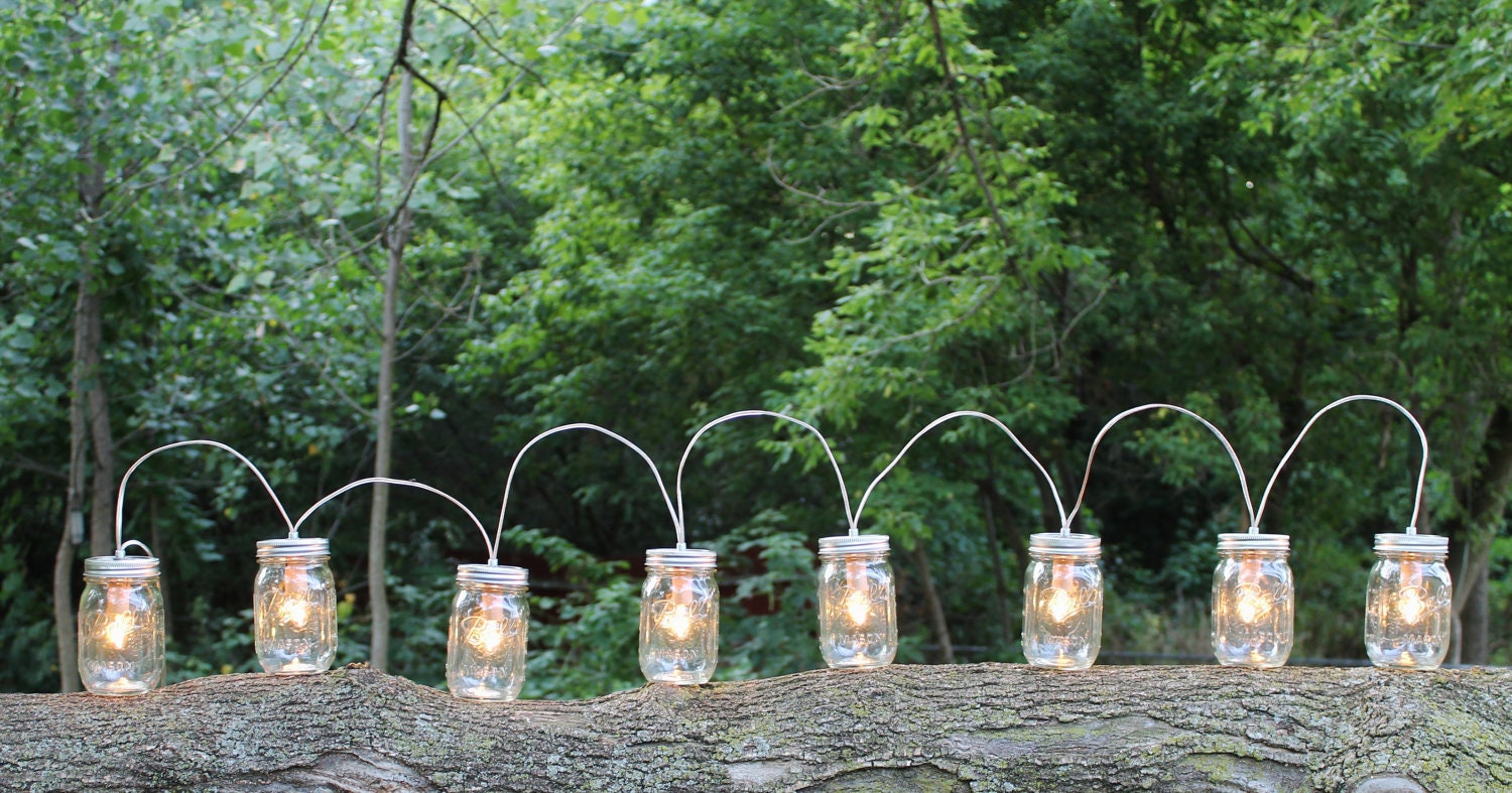PARTY LIGHTS - Mason Jar String Banner Lights with 8 pint Ball Mason Jars Upcycled Rustic Wedding Holiday string of Lights - BootsNGus lamp