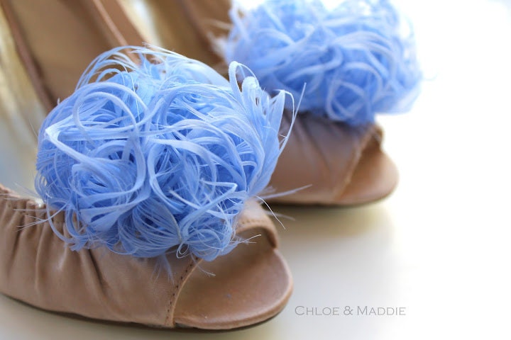 Something Blue feather flower puff shoe clips (ready to ship, last pair) FRENCH