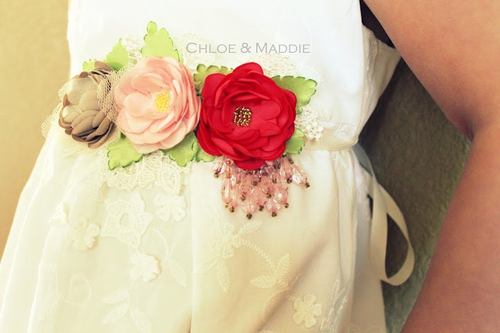 Pink, Coral and creamy beige trio of handmade flowers with beading on ribbon sash (Ready to ship) ROSALEA