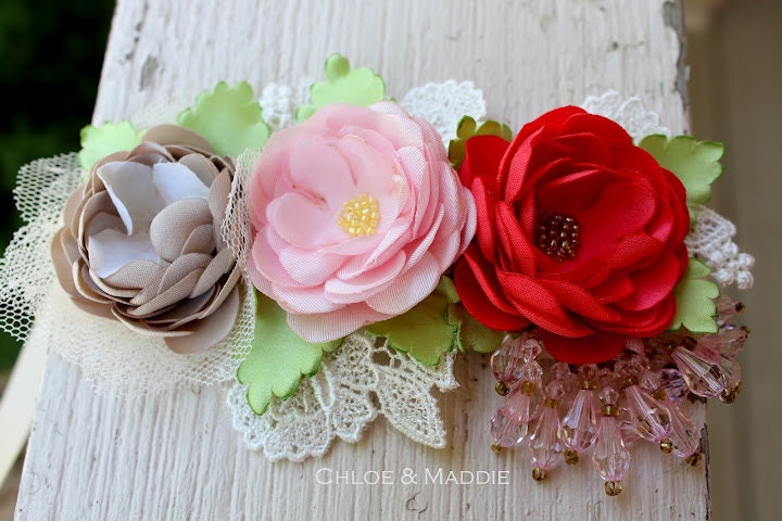 Pink, Coral and creamy beige trio of handmade flowers with beading on ribbon sash (Ready to ship) ROSALEA